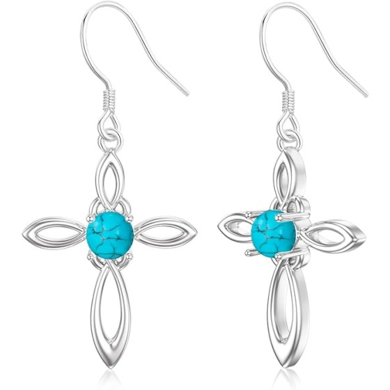 Genuine Turquoise Cross Dangling Earrings for Women 925 Sterling Silver Celtic Knot Dangle Earring with Fish Hook Back Jewelry for Her