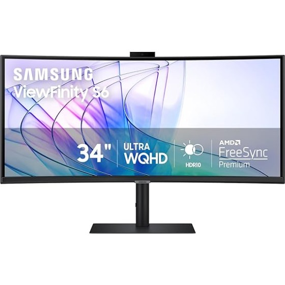 Samsung 34-Inch ViewFinity S65VC Series Ultra-WQHD Curved Computer Monitor, 100Hz, AMD FreeSync, HDR10, USB-C, Built-in Speaker, Camera, KVM Switch, Eye Care, Eco-Packaging, LS34C650VANXGO, Black