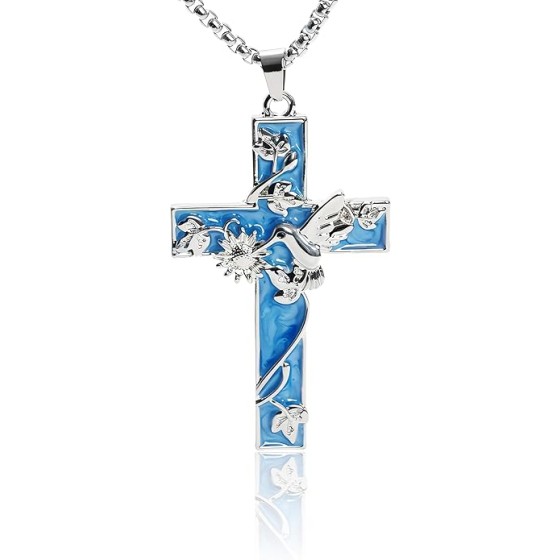 Cross Pendant Necklace with Blue Enamel and titanium steel Chain,Hummingbird Beetle Butterfly Religious Jewelry