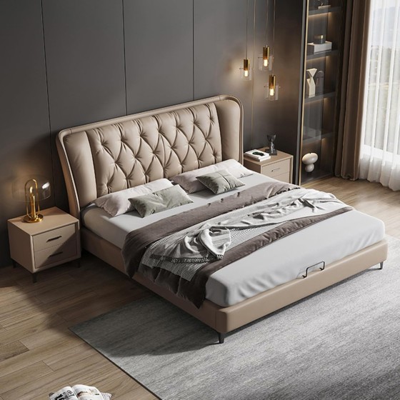 OUDINI Modern Simple Double Bed Strong Wood Slats Support Full Size Bed Frame with Headboard Leather Bed Frame Queen No Box Spring Needed