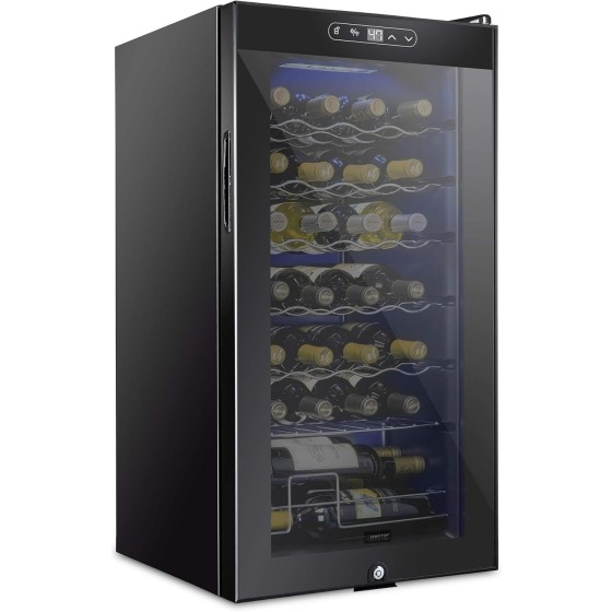 SCHMECKE 28 Bottle Compressor Wine Cooler Refrigerator w/Lock - Large Freestanding Wine Cellar - 41f-64f Digital Temperature Control Wine Fridge For Red, White, Champagne or Sparkling Wine - Black