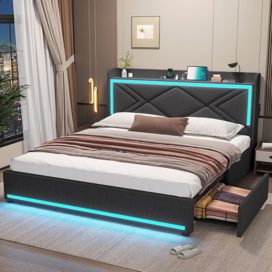 Queen Bed Frame with Stoarge Drawers and LED Lights, Upholstered Platform Bed with Type-C & USB Charging Station, LED Bed Frame Queen with Storage Headboard, No Box Spring Needed, Dark Grey