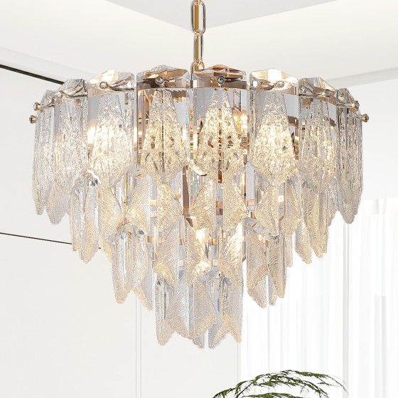 K9 Crystal Gold Chandelier 4-Tier 7 Lights 16" Round Light Fixtures Contemporary Pendant Chandelier for Dining Room Kitchen Island Bedroom Foyer Entryway Hallway, E12